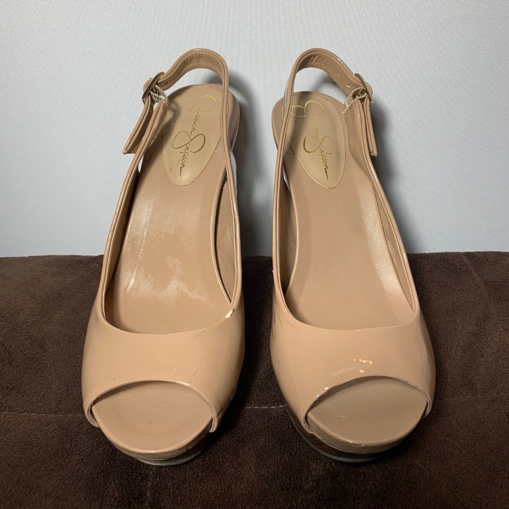 Jessica Simpson sling back nude wedge heels